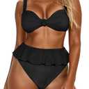 Saodimallsu Womens 2 Piece High Waisted Swimsuit Ruffle Bikini Sets Twist Knot Ribbed Bathing Suits (Small, Black)