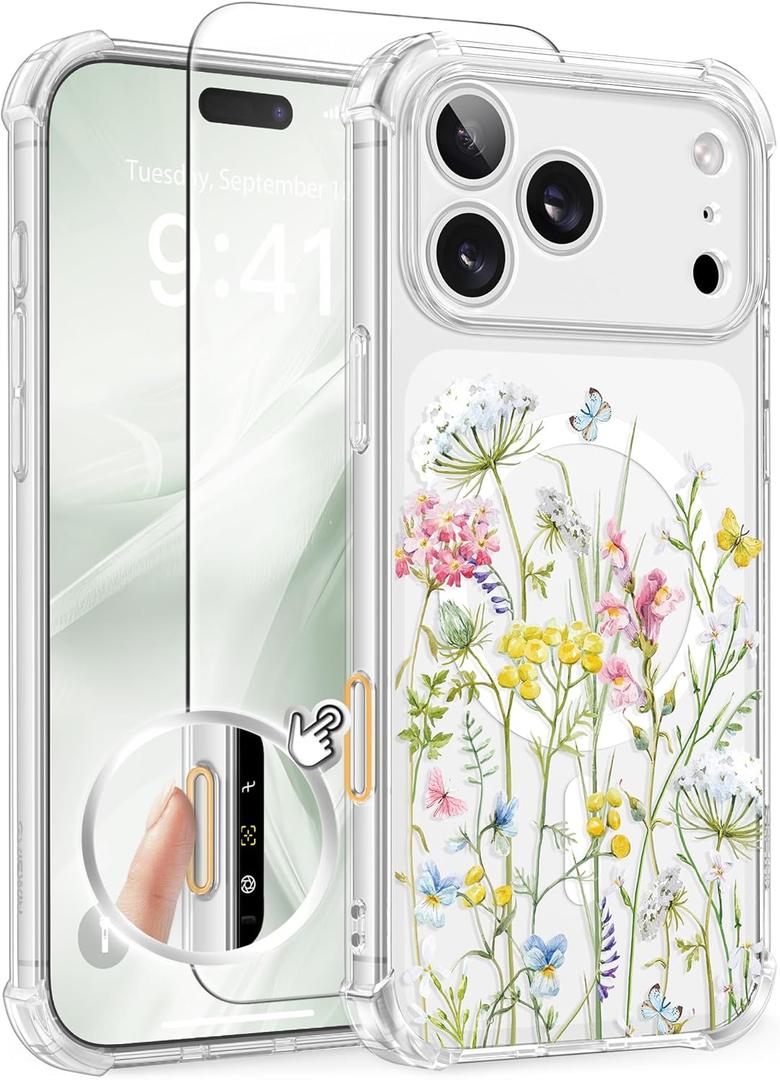 GVIEWIN for iPhone 17 Pro Max Case Compatible with MagSafe, with Screen Protector Upgraded [Full Camera Protection] [Non Yellowing] Floral Slim Shockproof Clear Women Phone Cover (Nosegay/Colorful)