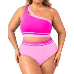 Aqua Eve Women Plus Size High Waisted Bikini One Shoulder Two Piece Swimsuit Color Block Bathing Suits (14 Plus, Pink)