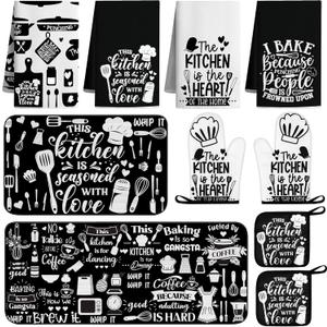 10 PCS Farmhouse Kitchen Decor Sets 4 Black White Kitchen Dish Towels 2 Oven Mitts 2 Pot Holders 2 Rugs Mats Rustic Decorations Accessories for Cooking Baking Bathroom Home Housewarming Camp Mom Gift,Black White Kitchen Utensils