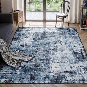 Rugflix 5x7 Area Rugs for Living Room, Washable Large Rug Stain-Resistant Low Pile, Modern Dark Carpet for Dining Room Home Office Kid Room Nursery Bedroom, Navy Blue/Black
