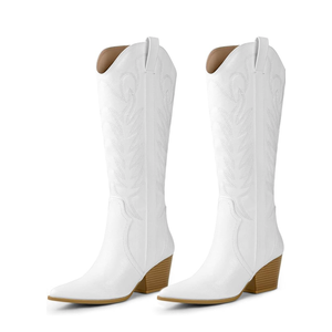 Arromic Cowboy Boots for Women Comfortable Womens Embroidered Western Cowgirl Knee High Boots Pointed Toe Zipper Chunky Heel Country Outfit Retro Tall Boots, Size 9