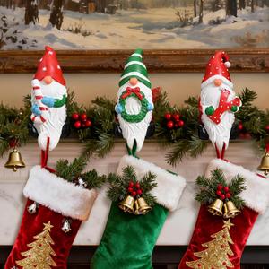 3PCS JOY Christmas Gnomes Stocking Holders for Mantel, 3D Resin JOY Christmas Stocking Hangers Hooks, Gnomes Figurines Decoration, Heavy Duty Gnome Hangers for Xmas Fireplace Holiday Decoration