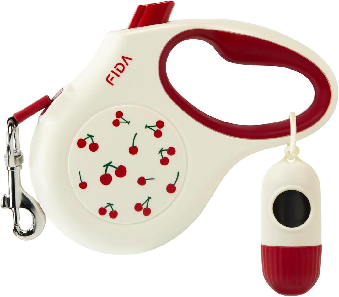 Fida Retractable Dog Leash with Dispenser and Poop Bags, 16 ft Pet Walking Leash for Small Dog or Cat up to 26 lbs, Anti-Slip Soft Handle, Tangle Free, Reflective Nylon Tape (S, Cherry)
