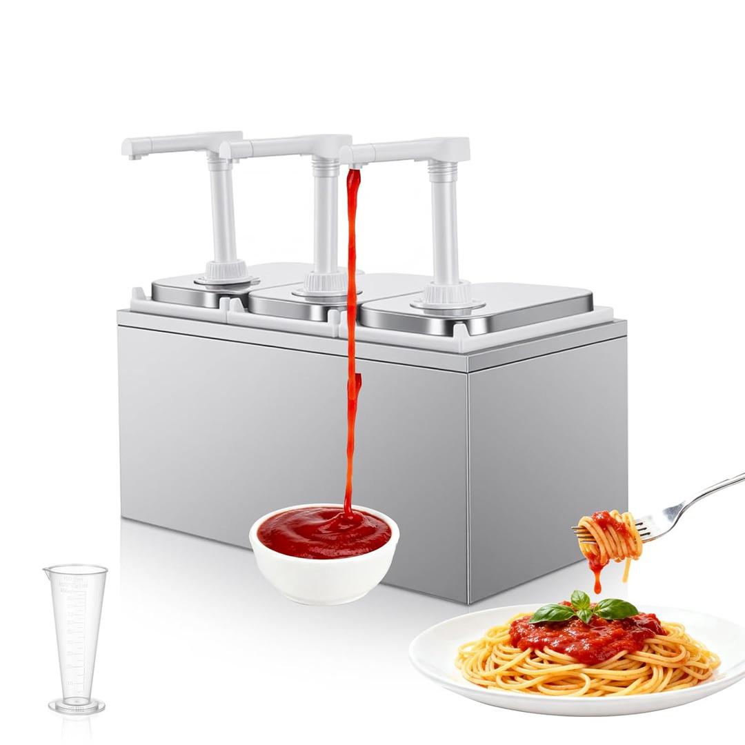 2.11 Quart Stainless Steel Sauce Pump Dispenser,Condiment Pump Station Detachable Leak-Proof Design for Sauce Honey Syrup Dressing,Commercial & Home Kitchen Use (3 Heads, 2L)