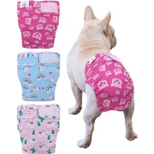 CuteBone Washable Dog Diapers Female No Tail Hole 3 Pack Reusable Doggie Period Training Pants for Docked-Tail Frenchie French Bulldog Boston Terrier Without Tail WWD15S