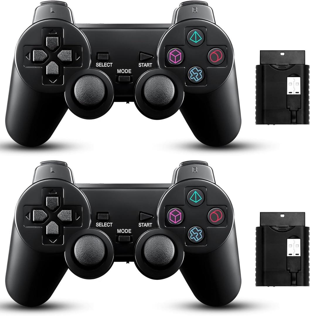 2 Pack Wireless Controller 2.4G double shock Compatible with PS2 /PS1/PC(Jet Black)