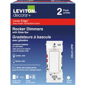 Leviton Lever Edge Rocker Slide Dimmer Switch for LED/Incandescent Bulbs, 150 Watt, Single Pole or 3-Way, 2-Pack, ESL01-2PW, White