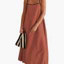 Senllen Women's Linen Dress Summer Loose Flowy Sundress Contrast Spaghetti Strap Sleeveless Backless Beach Maxi Long Dresses, Large, Brick Red 