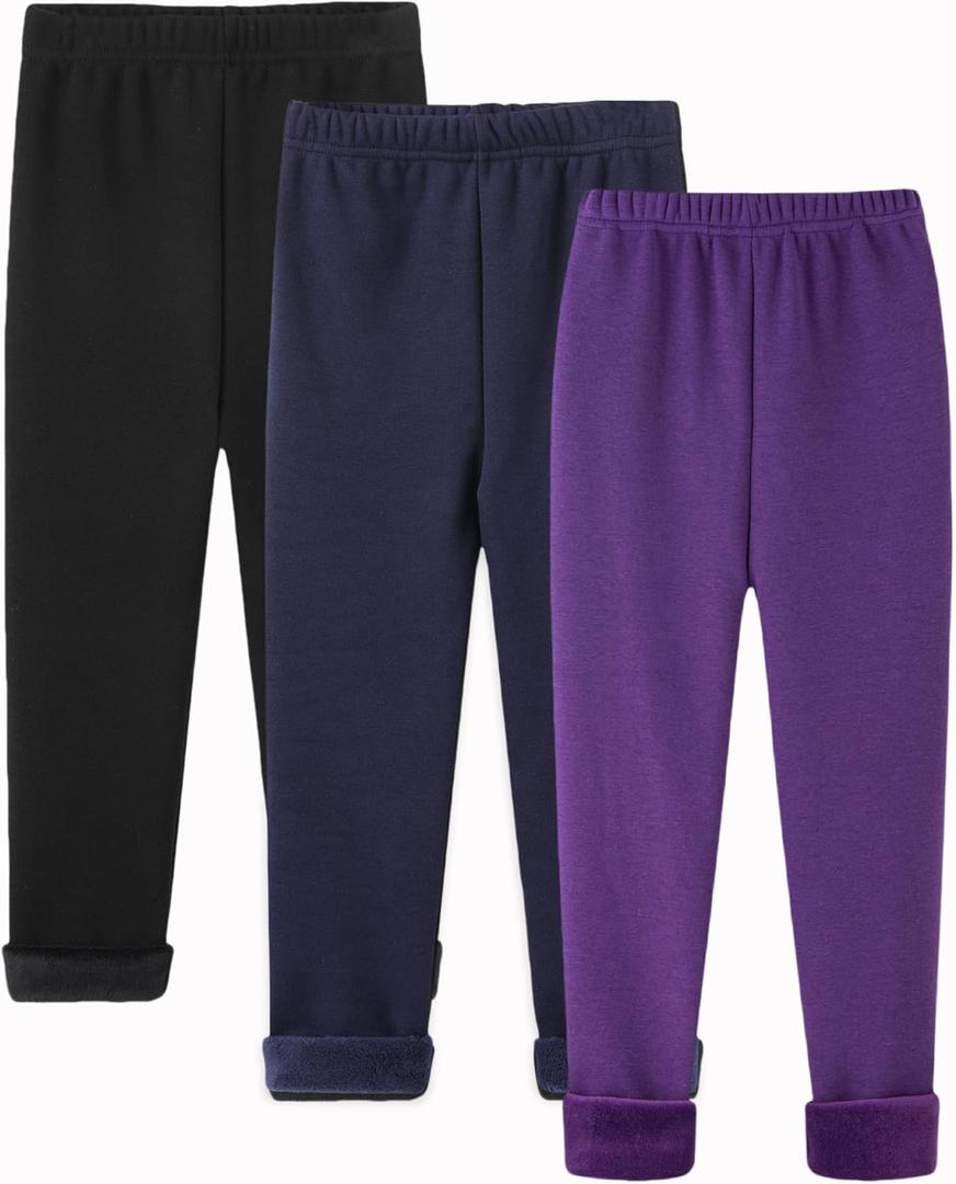 StyleSavvy Girls Winter Leggings Thick Cotton Fleece Lined Girls Pants Warm Stretchy Thermal Tights Pants (3pcs-black/Navy/Purple) 10Y