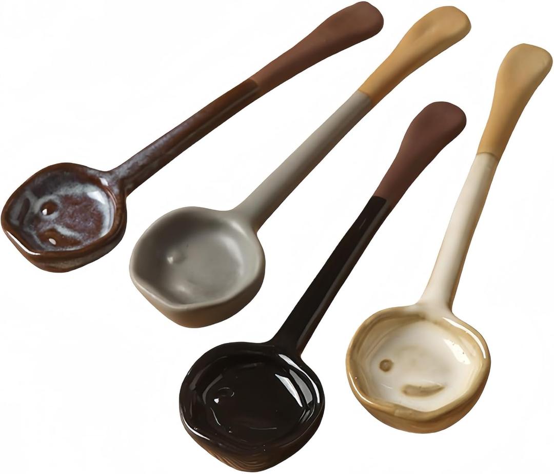 4-Pack - Ceramic Vintage Afternoon Tea, Coffee Whisk, Handmade Spoon, Long-Handle Coffee Scoop, tea scoop for loose tea, Size 5.9 x 1.5in (15 x 4cm)