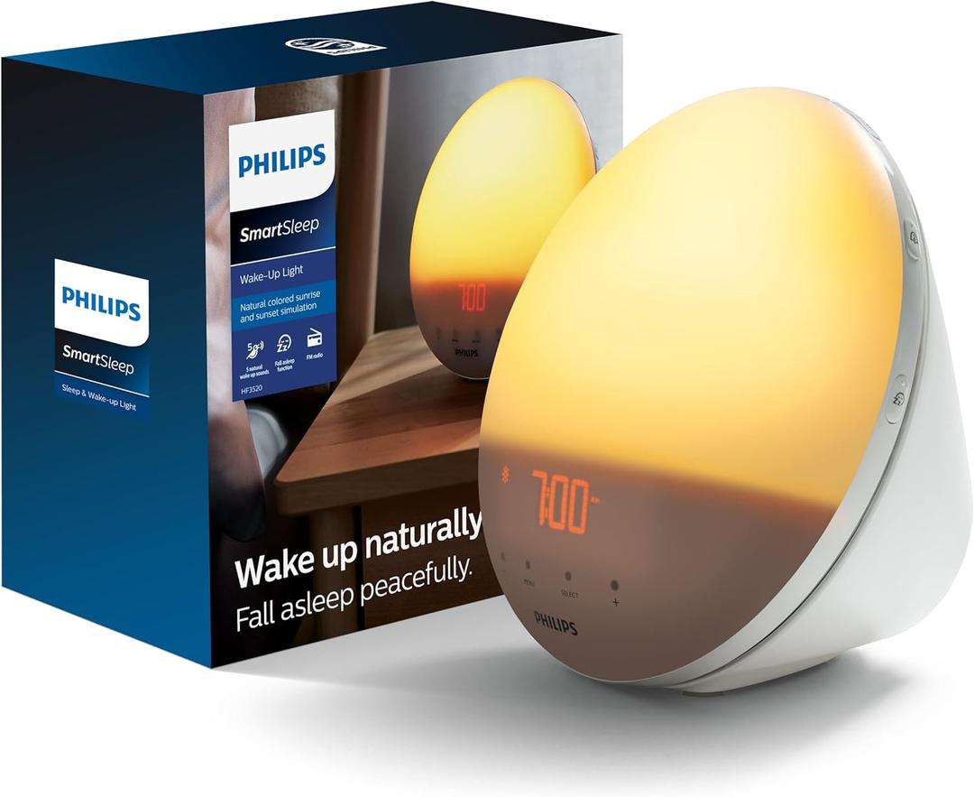 Philips SmartSleep Wake-up Light, Colored Sunrise and Sunset Simulation, 5 Natural Sounds, FM Radio & Reading Lamp, Tap Snooze, HF3520/60 (1 Count (Pack of 1))