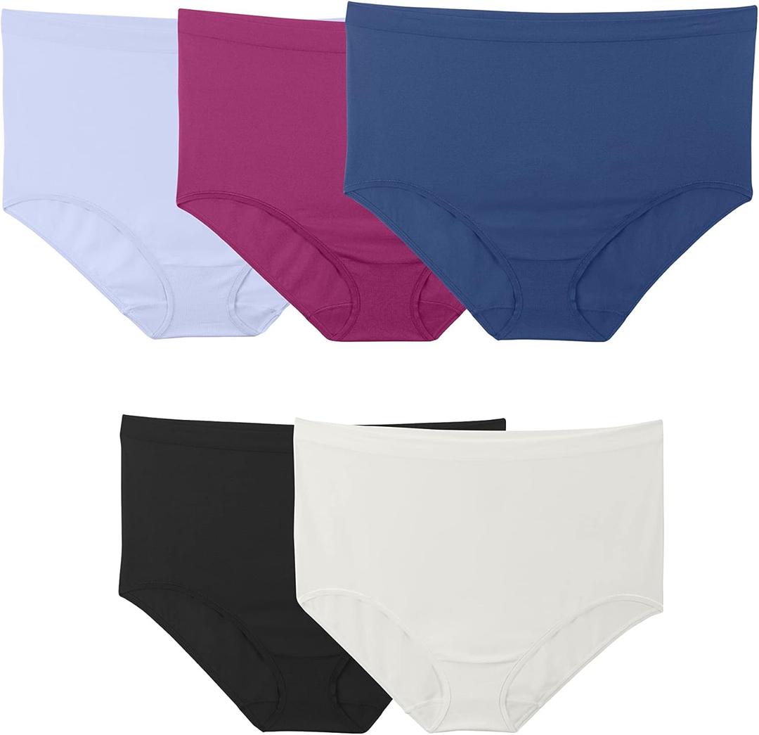 Fruit of the Loom Women's No Show Seamless Underwear, Amazing Stretch & No Panty Lines, Nylon-Plus Size Brief-5 Pack-Black/ White/ Blue, 9 Plus