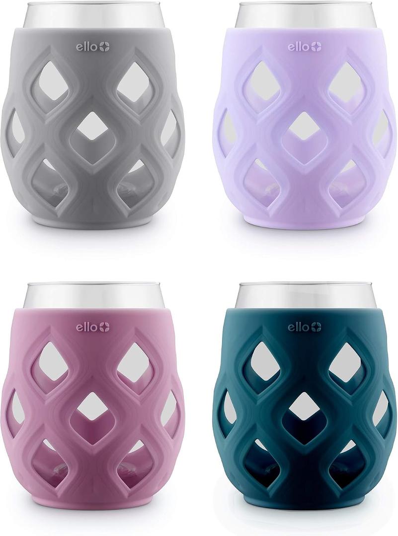 Ello Cru 17oz Stemless Wine Glass Set with Protective Silicone Sleeves, Dishwasher Safe, Cocktail Glass Pack Perfect for Summer Patios and Parties Festive Fun Holiday Gift for Women Men Her Him