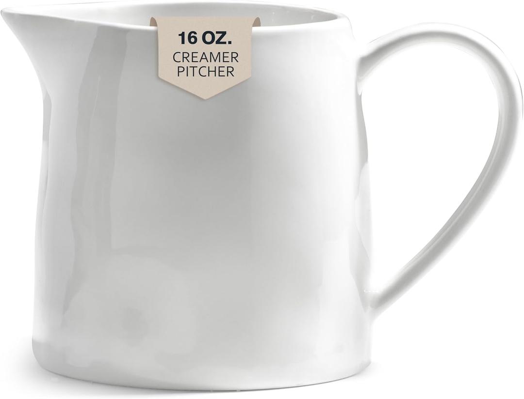 Ceramics Creamer Pitcher - 16 OZ Porcelain Coffee Creamer Pitcher with Handle, Funny Milk Pourer for Home Kitchen Coffee Bar, White (Modern)