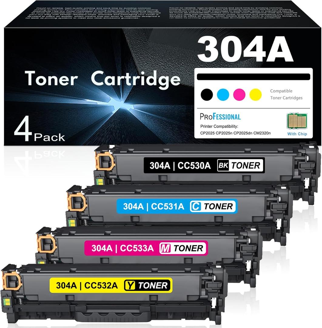 304A Toner Cartridges 4 Pack Replacement for HP 304A CC530A CC531A CC532A CC533A Works with Color Laserjet CP2025 CP2025n CP2025dn ;Color CM2320n CM2320nf MFP Printer (Black Cyan Magenta Yellow)