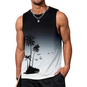 Men's Graphic Tank Tops Sleeveless Muscle Shirts Beach Hawaiian Coconut Tree Patriotic Tank Tops (XX-Large, Black+ white)