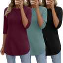 Riyiper 3 Pack Elbow Length Tee Shirts for Women 3/4 Sleeve Tunic Tops Round Neck Fall Curved Hem Leggings Blouse (S)
