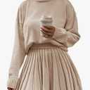 Women's 2 Piece Outfits Turtleneck Long Sleeve Oversized Pullover Sweaters and Pleated Mini Skirt Two Piece Sets, M