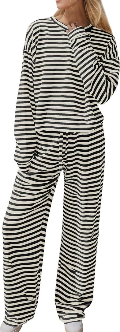 MISSACTIVER Women's Striped 2 Piece Lounge Set Casual Long Sleeve T-Shirt Drawstring Wide Leg Pants Matching Pajamas Set (Black Beige), S