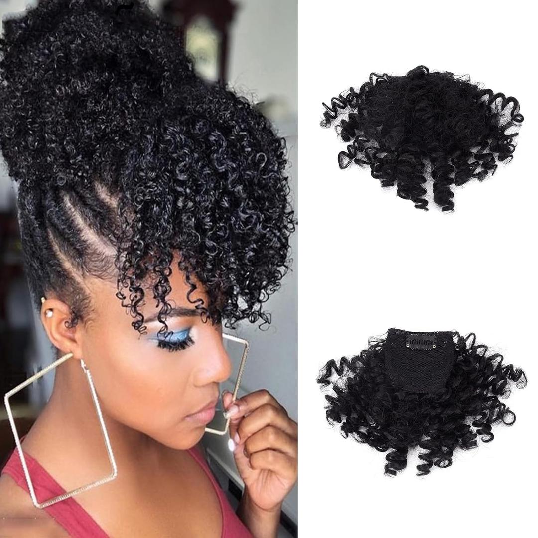 NICENEEDED Short Afro Kinky Curly Bangs Clip, Jerry Curly Clip In Bangs, Front Fringe Hair Pieces Bangs for Black Women Clip in On Hair Extensions Halloween
