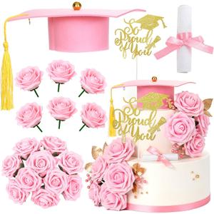 Graduation Cake Kit Included Felt Grad Cap with Tassel Pink Flower Grad Cake Toppers Graduations Party Supplies So Proud of You Cupcake Topper for Congrats Senior High School College Party Decor(Pink)