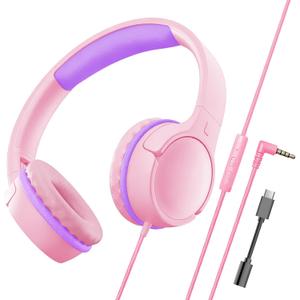 Kids Wired Headphones for School, Over-Ear Children's Headphones with Microphone, Foldable 85/94dB Volume Limited Headphones, 3.5mm & USB-C Compatible(Candy Pink)