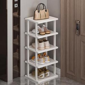 SAN HE Bamboo Shoe Rack 5Tier- Vertical White Shoe Rack for Small Spaces, Tall Narrow Shoe Rack Organizer for Closet Entryway Corner Garage and Bedroom,Skinny Shoe Shelf with Free Stackable DIY
