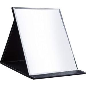 Protable PU Leather Mirror Folding Desktop Makeup Mirror with Adjustable Stand for Personal Use,Travelling (L, Black)