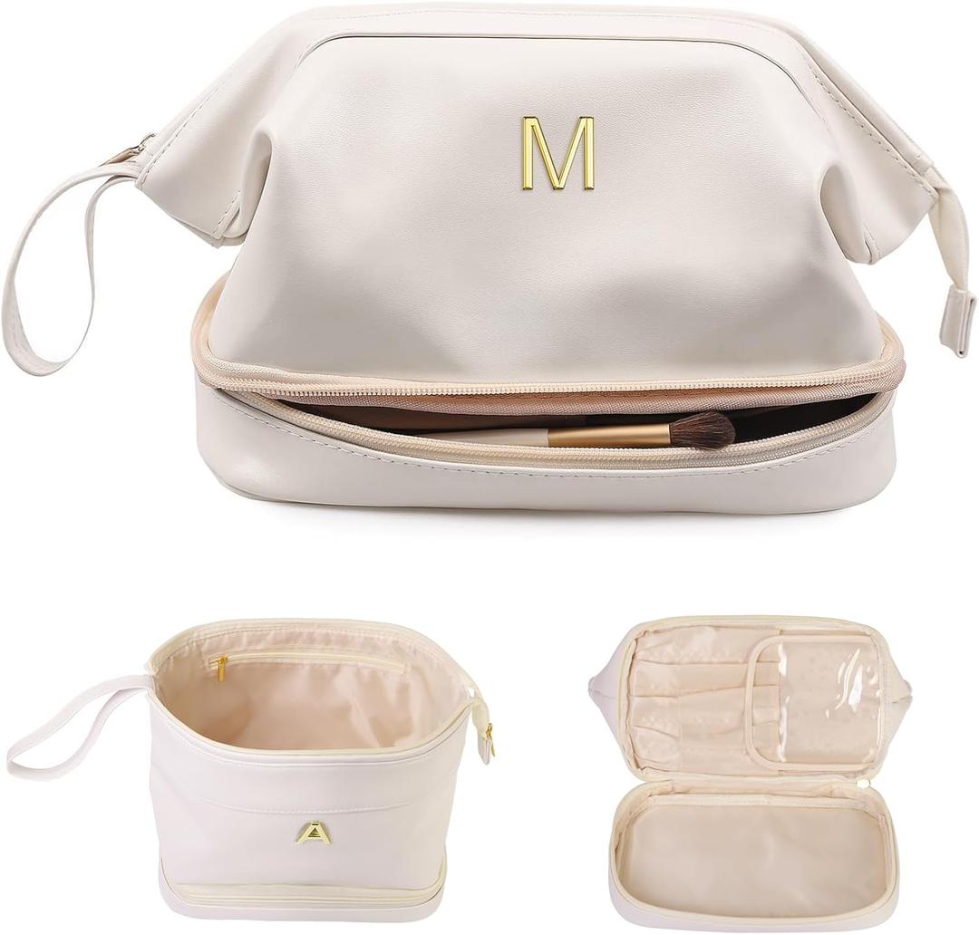 Gifts for Women-Birthday Gifts-Teen Girl Gifts Trendy Stuff Initial Makeup Bag for Women, Double Layer Cosmetic Bag with Makeup Brush Organizer, Travel Toiletry Bag,Bride Gift (White)