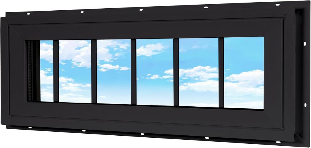 Vinyl Transom Household Window, 10" x 36" Double Pane Fixed Window with Grids and Tempered Glass for House, Garage (Black)