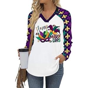 Mardi Gras Shirts for Women: Fat Tuesday Shirt Funny Mask Graphic Tee Carnival Long Sleeve Shirt New Orleans Party V Neck Top White 2XL