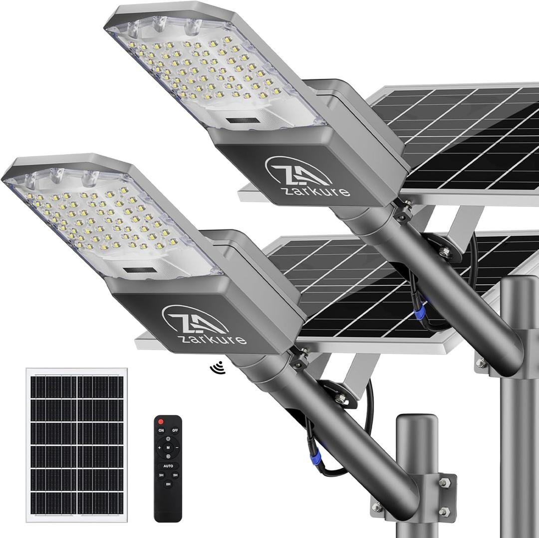 9500W Solar Street Lights Outdoor, 2PCS 40000mAh IP67 Waterproof Solar Security Flood Lights 7000K 450000LM Bright LED Beads Commercial Parking Light with Remote Control for Street, Court, Barn-Gray