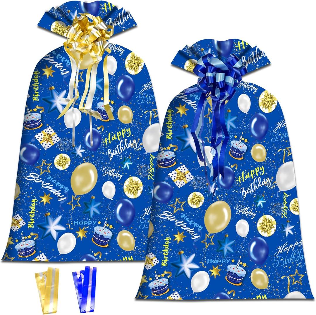 OILCUP 2 Pcs Large Gift Bags Oversized Plastic Storage Bags 48"x 36" with 2 Pcs Pull Flowers for Large Birthday Gift Wrapping, Kids Bike Gift Bags, Birthdays, Parties, New Parents Baby Showers