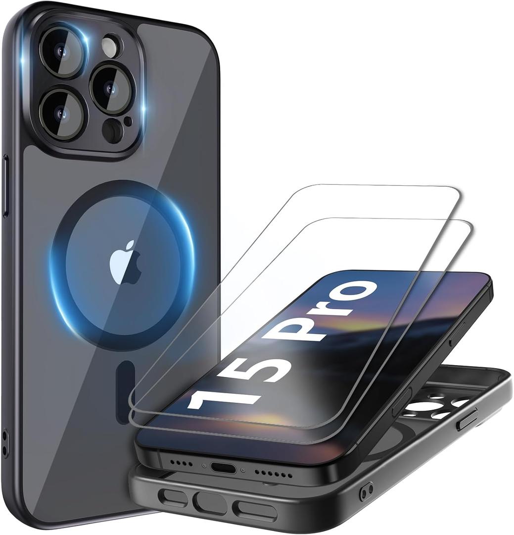 Cufelf Magnetic for iPhone 15 Pro Case(Compatible with Magsafe) Full Camera Protection,2+Full Coverage Screen Protector,Translucent Matte,Military Drop Protection Phone Case,6.1",Black