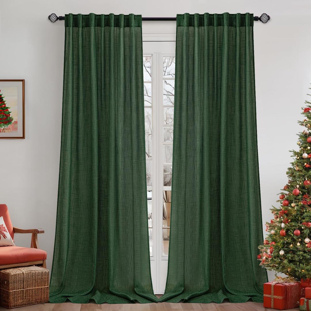 MIULEE Linen Curtains 84 Inch Length for Living Room 2 Panels, Hunter Green Back Tab Pocket Light Filtering Semi Sheer Soft Linen Emerald Dark Green Christmas Drapes Farmhouse Boho Curtain for Bedroom