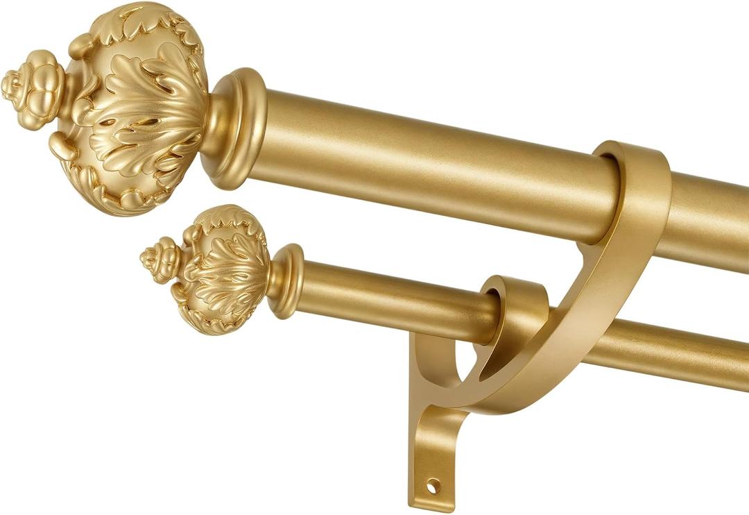 Heavy Duty Double Curtain Rod with Palm Leaves Finials and Aluminum Bouquet Brackets,Double Curtain Rods for Windows 140 to 164 Inches,1 Inch Front, 5/8 Inch Back Double Rods,Gold