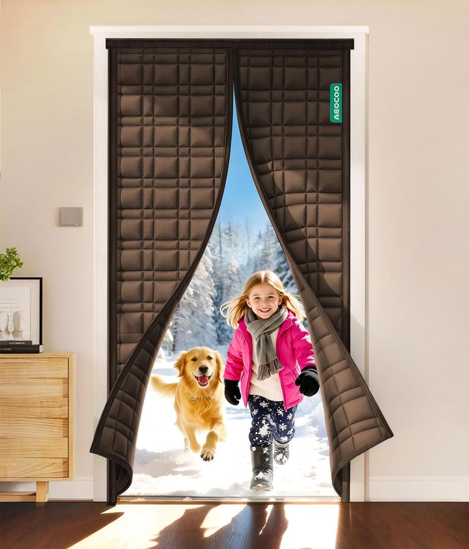 Thermal Door Curtain, Fit Size up to 36 x 80 Inches, Magnetic Insulated Door Curtains for Doorway/Front/Back/Basement, Oxford Cover with Thick Cotton to Keep Warm Winter, Brown, Rectangle