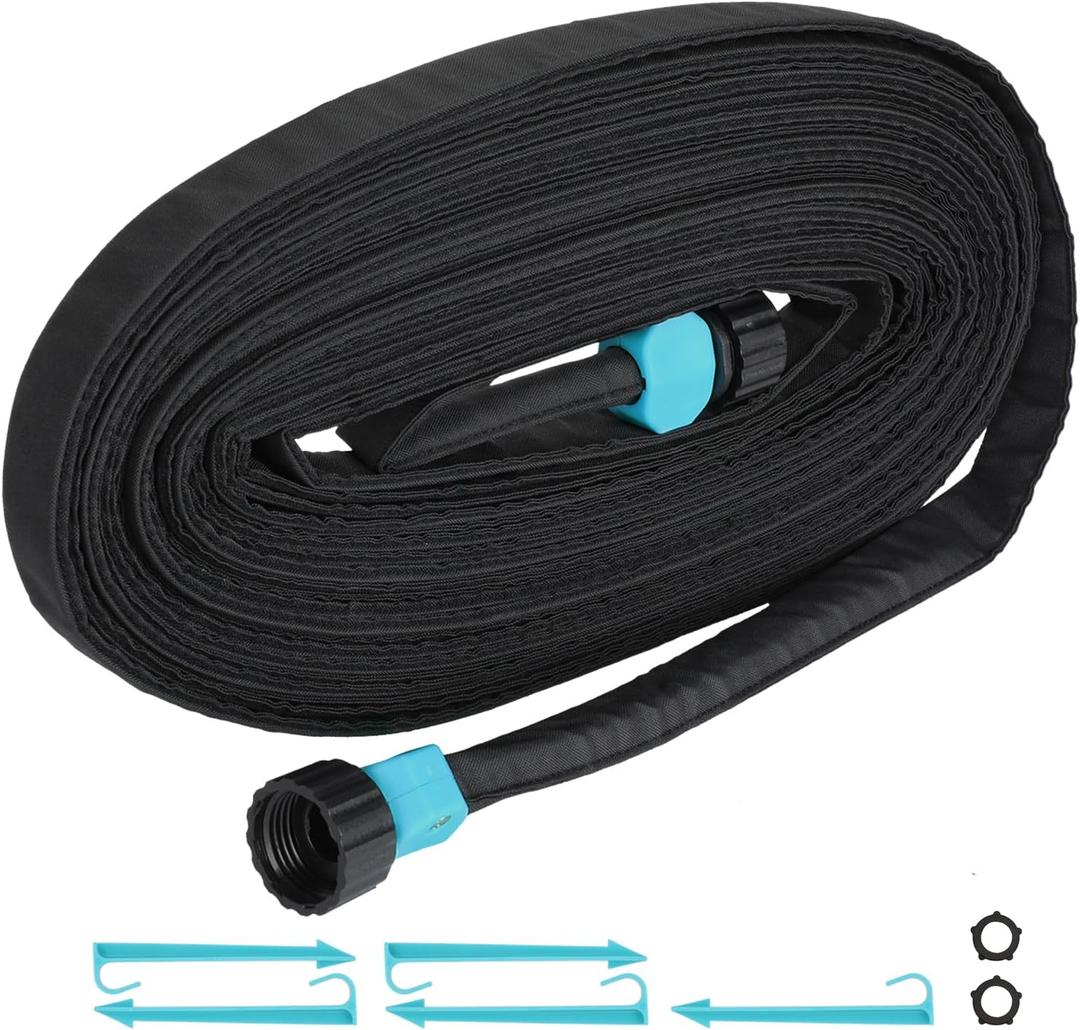 Flat Soaker Hose 50 ft for Garden Beds Drip Irrigation Hose Save 80% Water, Foundation Watering Hose with Soaker Hose Stakes (50ft)