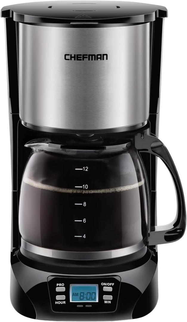Chefman 12-Cup Programmable Coffee Maker, Electric Brewer, Auto Shut Off, LCD Display With Auto-Brew Function, Anti-Drip Pot, Reusable Filter for Fresh Grounds, Round Stainless Steel, Glass Carafe