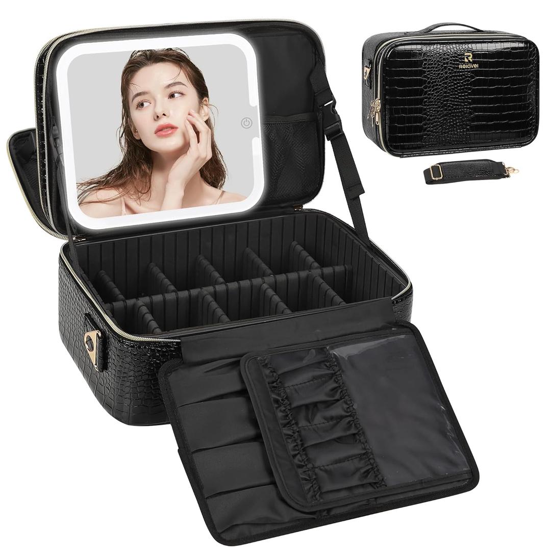 Relavel Makeup Bag With LED Mirror, 2-Layers Travel Cosmetic Bag with Removable Partitions, Large Capacity Makeup Train Case Organizer Box for Women with Lighted Mirror, Crocodile (04-Crocodile Black)