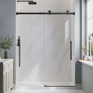 Frameless Glass Shower Door, 43-48" W x 76" H Sliding Frameless Shower Door, 1/4''(6mm) SGCC Tempered Glass, Explosion-Proof Film Nano Coating, Stainless Steel Hardware, Matte Black