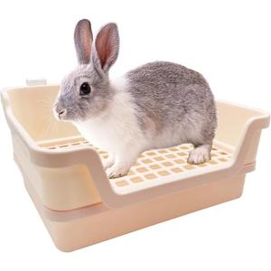PINVNBY Extra Large Rabbit Litter Box Small Animal Potty Trainer Huge Bunny Litter Pan Plastic Pet Corner Toilet with Mash for Adult Guinea Pigs Chinchillas Ferrets (Beige)
