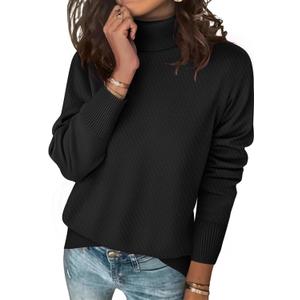 Zeagoo Women's Turtleneck Sweater Long Sleeve Spilt Hem Casual Knit Pullover Chunky Fall Winter Jumper Top 2026 (Black, S)