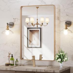 LOAAO 24X36 Gold Bathroom Mirror, Rounded Rectangle Gold Frame Mirror, Brushed Gold Bathroom Vanity Mirror Wall-Mounted, Anti-Rust, Hangs Horizontally or Vertically