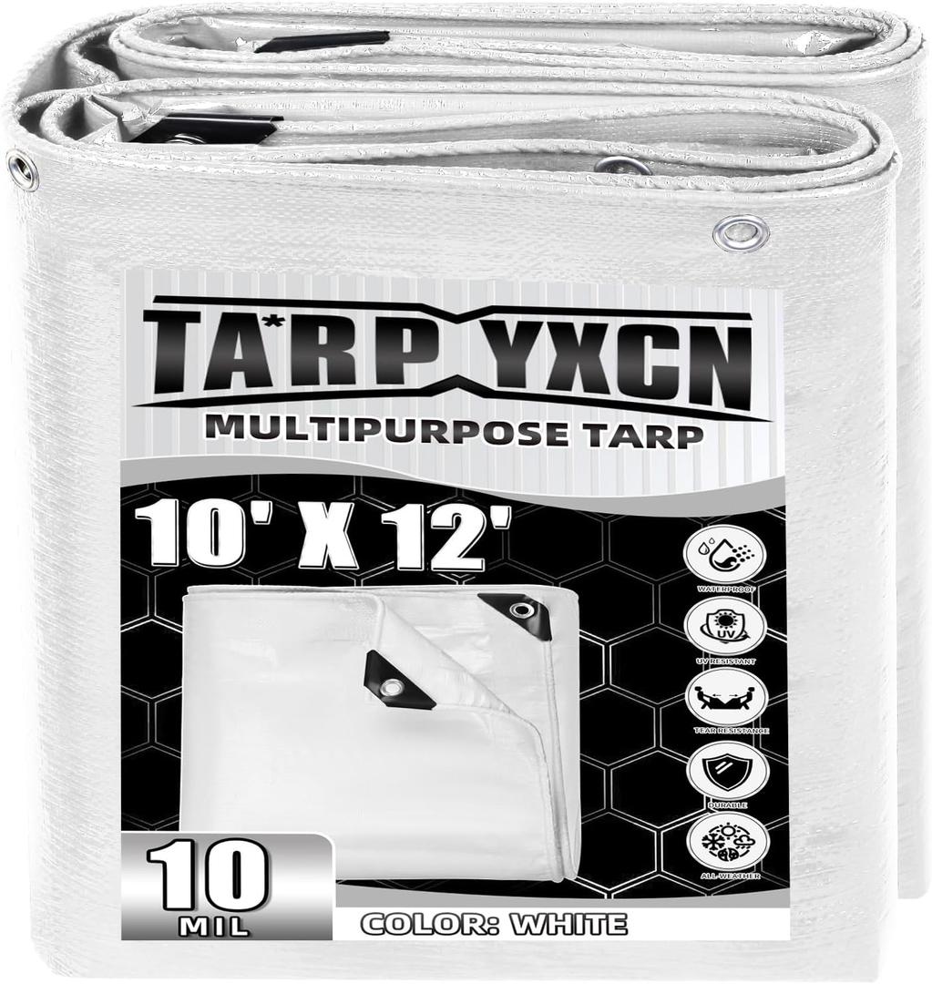 White Tarp 10x12 Feet, 10 Mil Thick Waterproof Poly Tarps Cover UV Resistant, Rip & Tear Proof with Metal Grommets Every 20 Inches