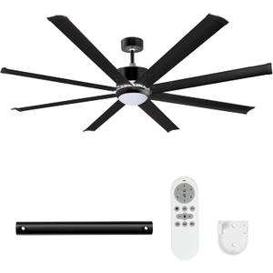 72" Ceiling Fans with Light and Remote, Energy Saving Super Quiet 6-Speed Ceiling Fan with 3CCT Dimmable Light for Farmhouse Gym Garage Indoor Outdoor, 8 Aluminum Blades, Reversible, Black (72in)