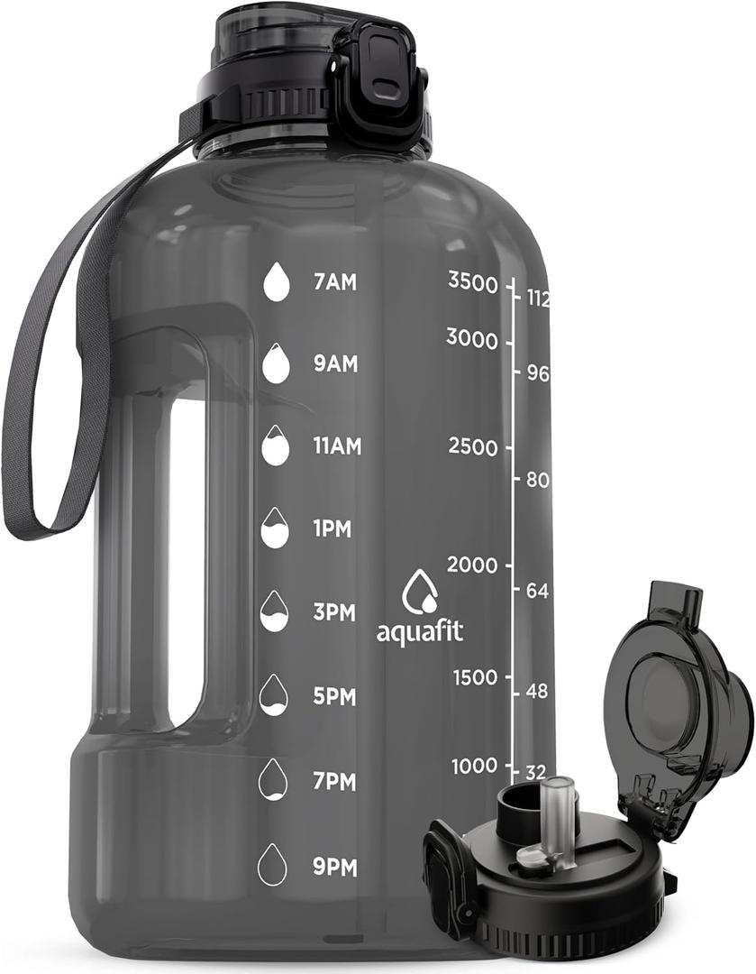 AQUAFIT 1 Gallon Water Bottle with Time Marker - Straw & Chug Lid - BPA Free Gym Water Bottle with Straw - Big Gallon Jug (Gray, 128 oz - 2in1 Lid)