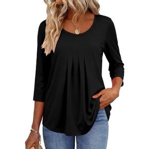 Zeagoo 3/4 Sleeve Tops for Women Crew Neck Blouses Pleated Casual Shirts Fall Work Clothes 2026 (Large, Black)