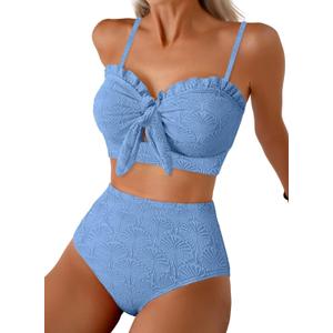 Herseas Women's Seashell Textured Bikini Sets Knotted Front 2 Piece Swimsuits Ruffle Trim Bathing Suits (Medium)